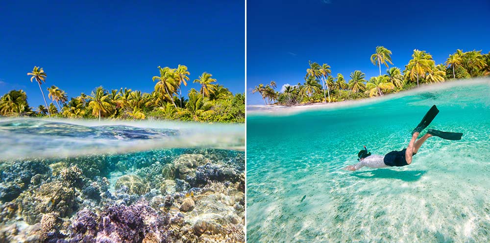 Split underwater photography at Ninamu, Tahiti.