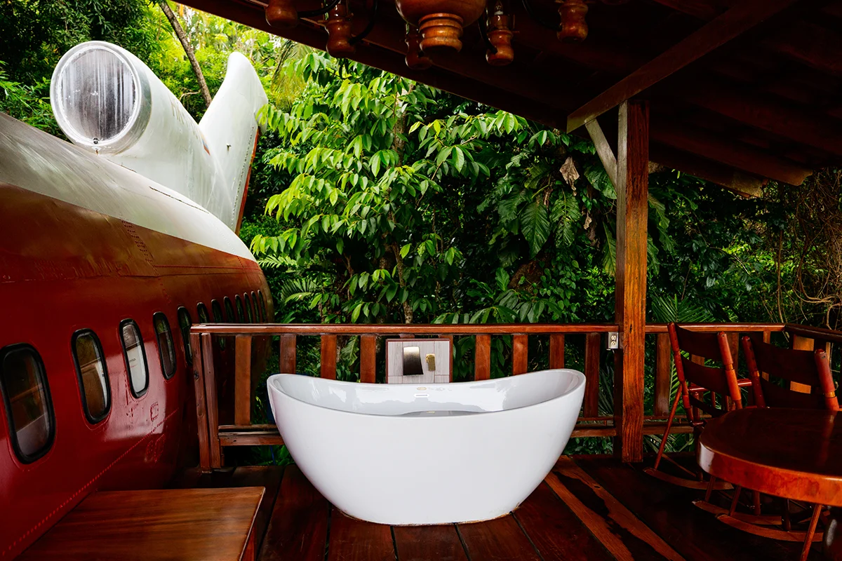 Terrace with outdoor bathtub at 727 Fuselage Home
