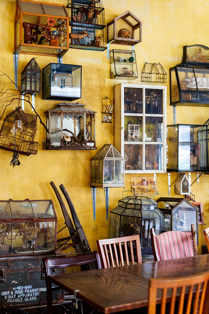 Decorative birdcages on yellow wall at Wallflowers Cafe in Bangkok