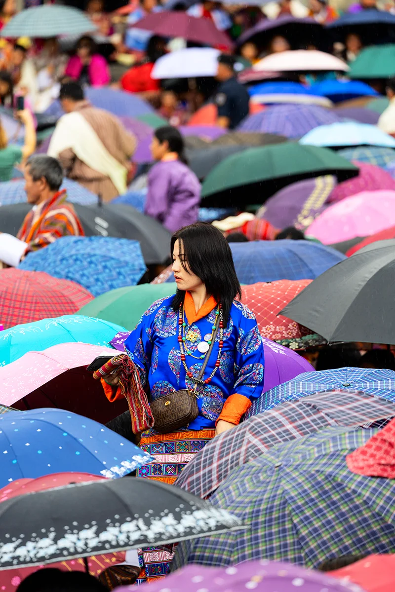 Local woman dressed in finest traditional attire during Bhutan festival