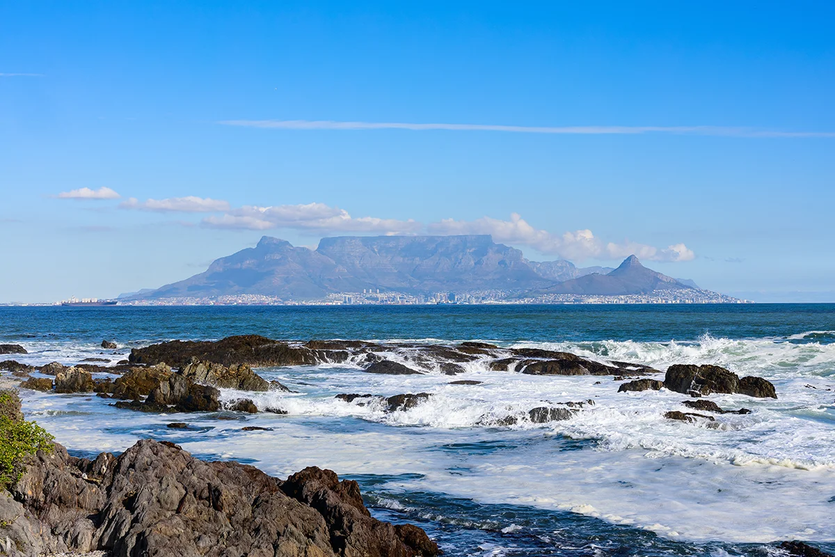 iconic view of Table Mountain in Cape Town from Blouberg beach