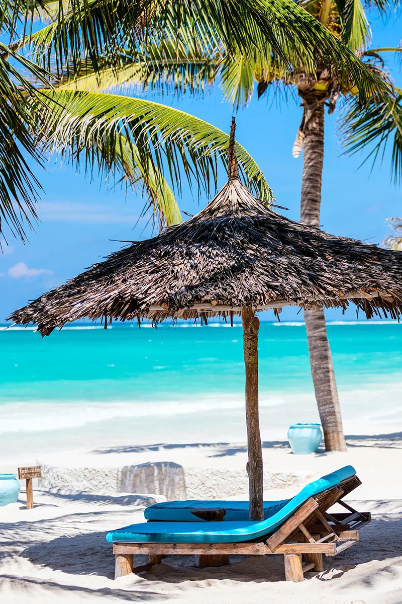 Pristine white sand beach with palm trees and turquoise waters at Diani Beach on Kenya's coast