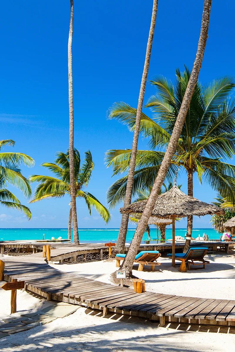 Pristine white sand beach with palm trees and turquoise waters at Diani Beach on Kenya's coast
