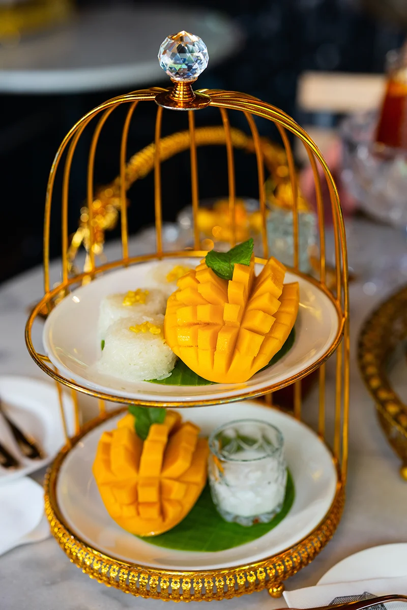 Mango sticky rice at Gingerbread house cafe in Bangkok beautifully presented