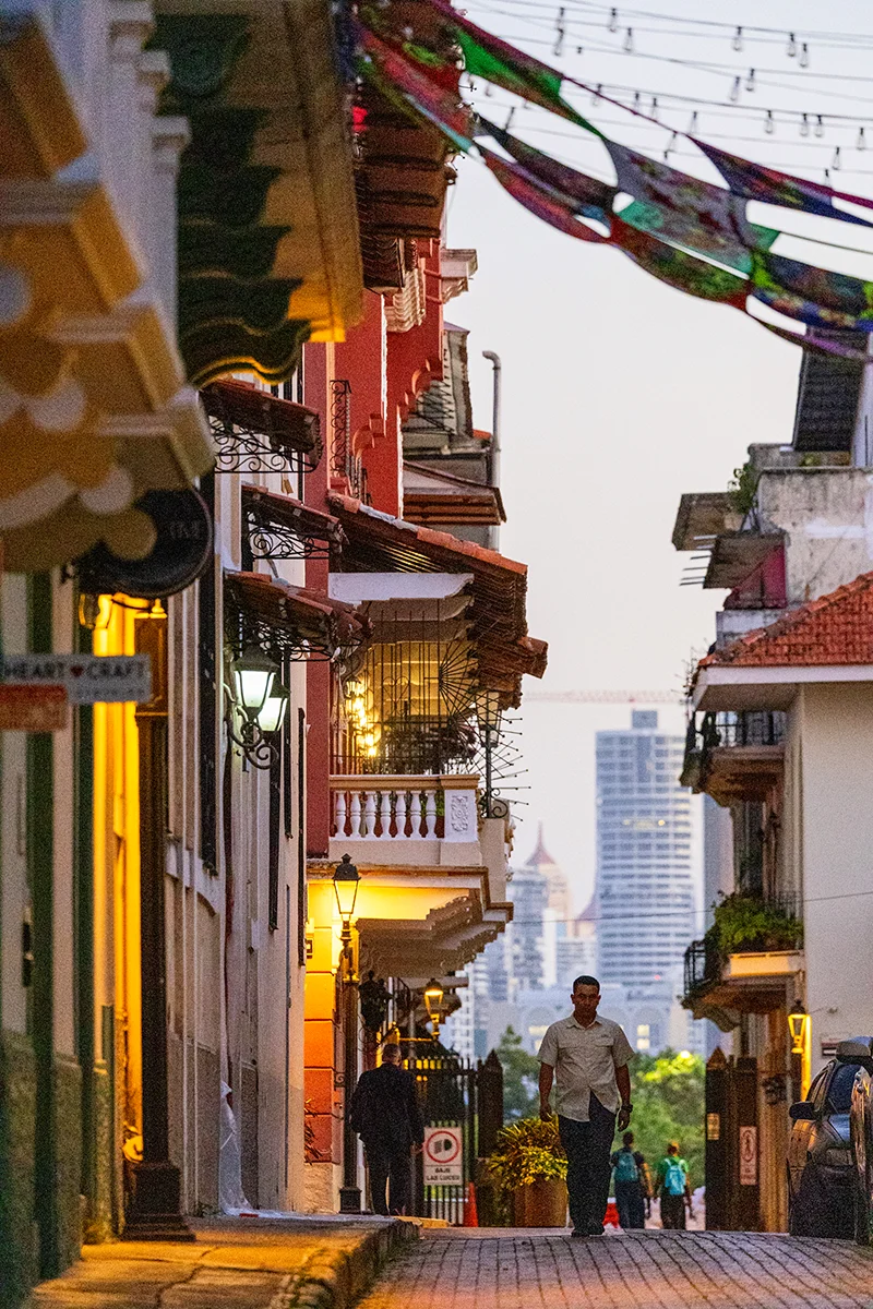 Narrow street with colorful buildings at Casco Viejo