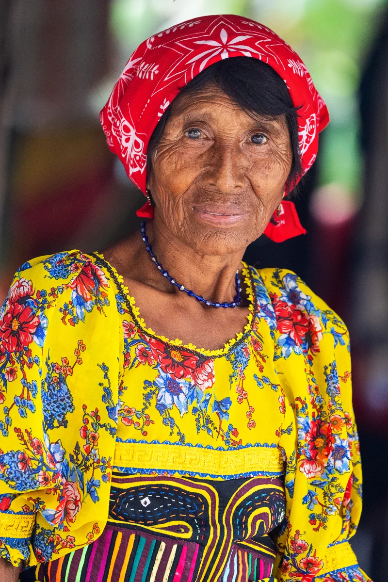Elderly Guna woman in colorful traditional attire