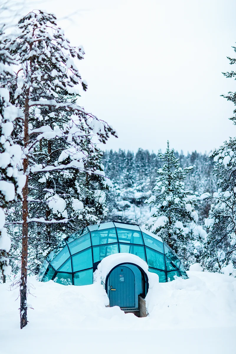 Glass igloo nestled in a snowy forest at Kakslauttanen Arctic Resort in Finland
