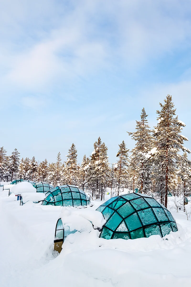Glass igloos nestled in a snowy forest at Kakslauttanen Arctic Resort in Finland