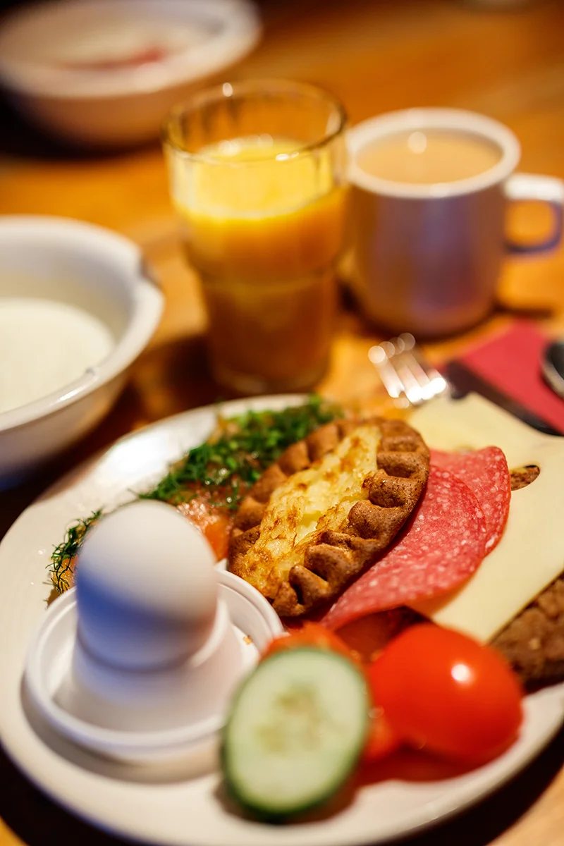 Typical Finnish breakfast served at Kakslauttanen Arctic Resort in Finland