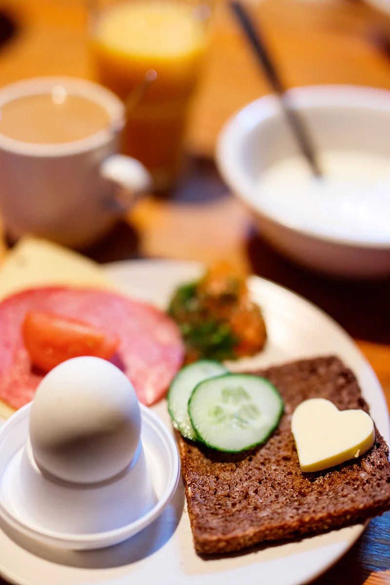 Typical Finnish breakfast served at Kakslauttanen Arctic Resort in Finland