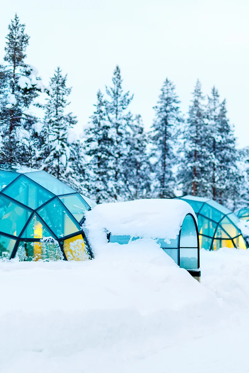 Glass igloos nestled in a snowy forest at Kakslauttanen Arctic Resort in Finland