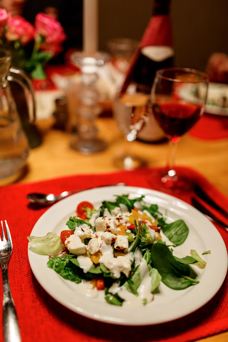 Salad served as part of a 3-course dinner at Kakslauttanen Hotel in Finland