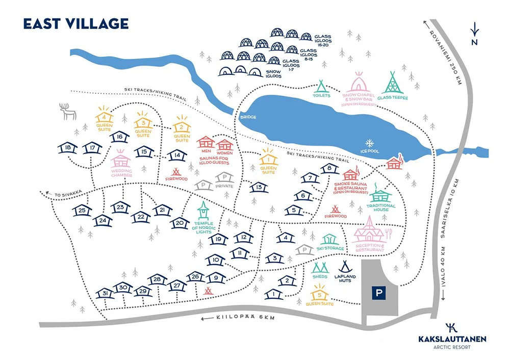 Map of East Village at Kakslauttanen Arctic Resort in Finland