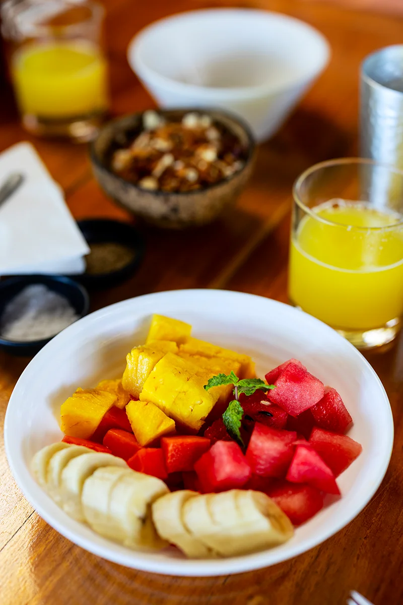 Colorful fruit salad with banana and watermelon slices.
