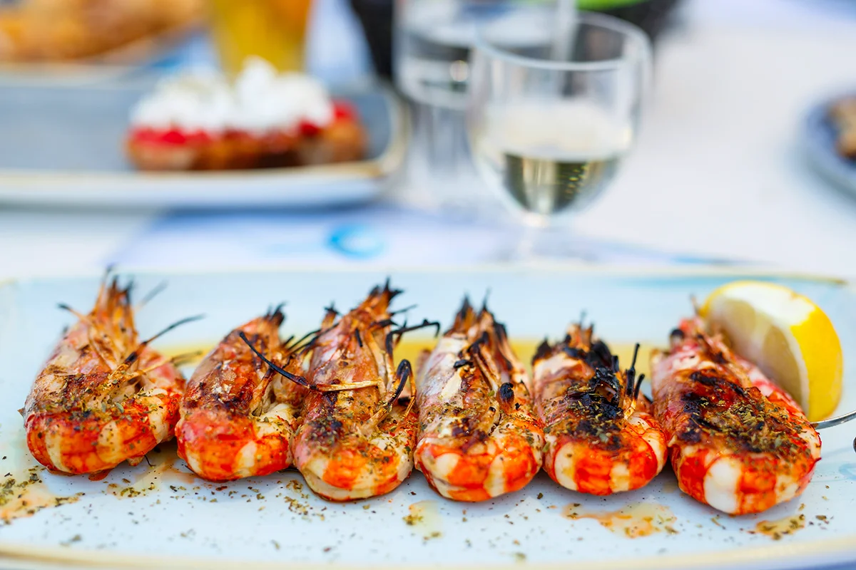 Shrimp souvlaki traditional Greek dish served at one of Milos restaurants