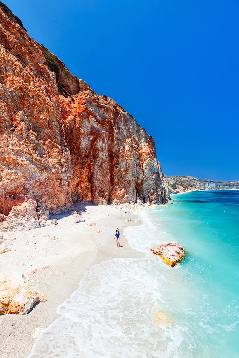 Secluded Voudia Beach is one of the hidden gems in the Milos itinerary