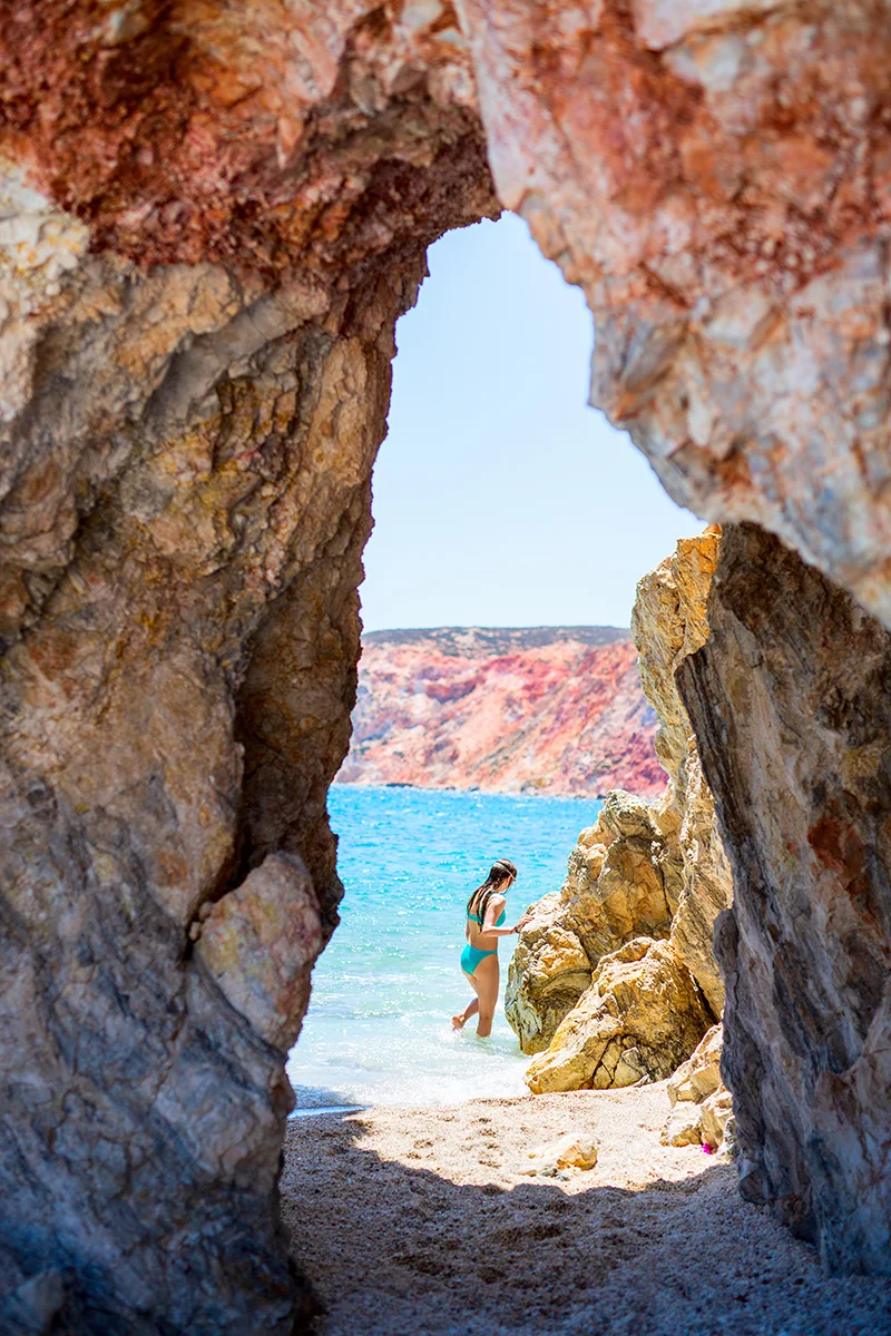 Secluded Voudia Beach is one of the hidden gems in the Milos itinerary