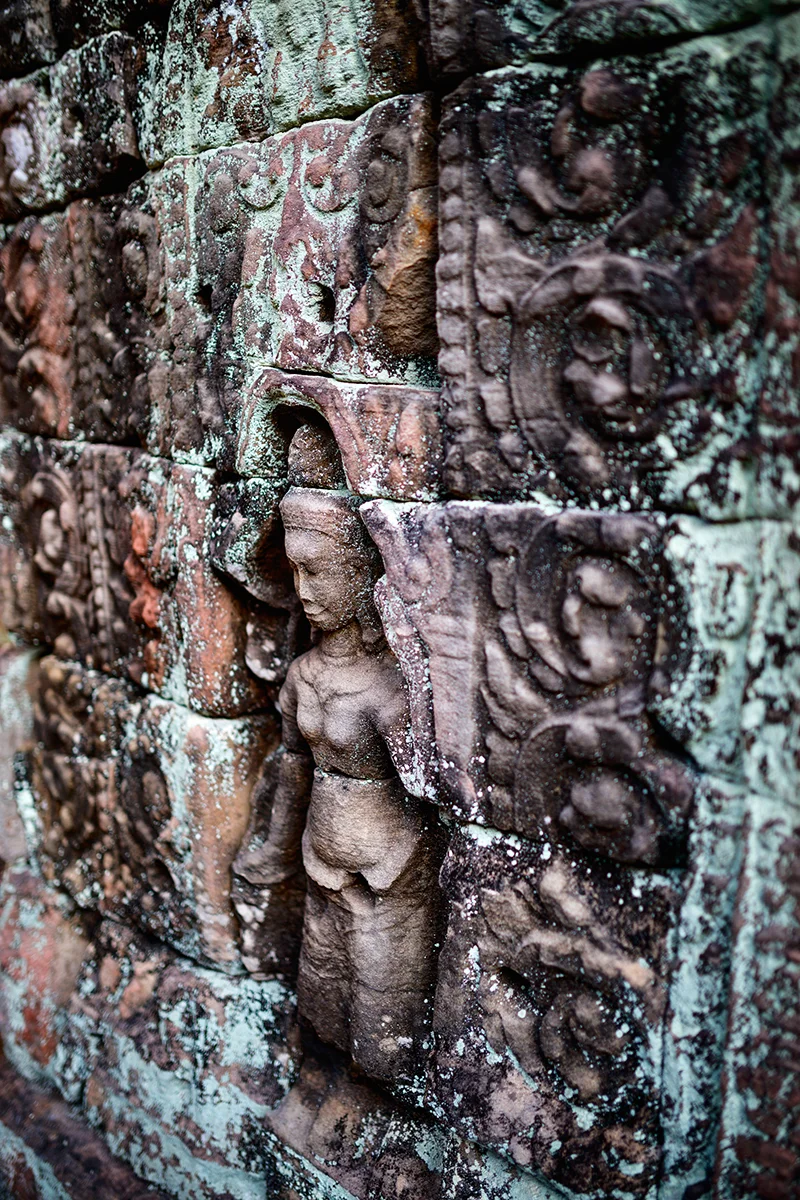 Well preserved ancient carvings in Preah Khan temple in Angkor