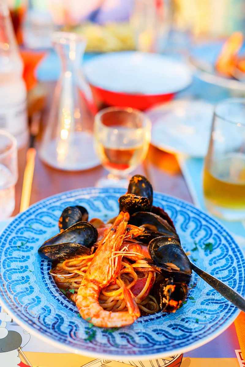 Seafood pasta served at Rifaki restaurant on Milos Island