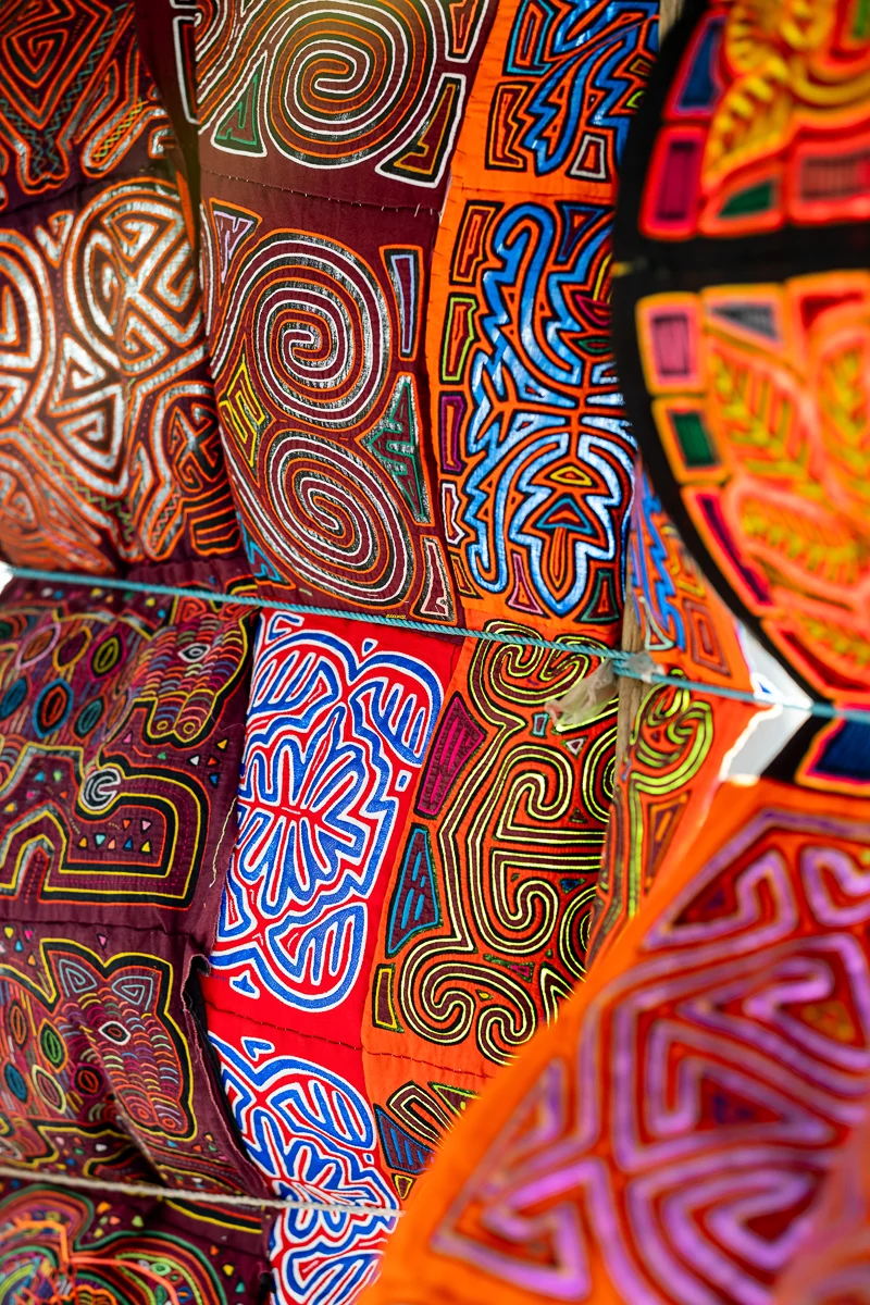 Colorful molas textiles with intricate designs