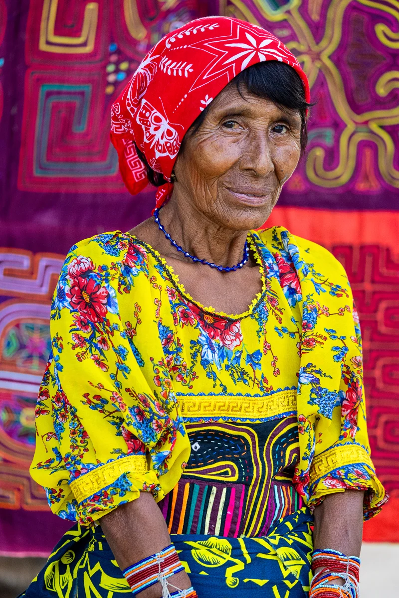 Elderly Guna woman in colorful traditional attire