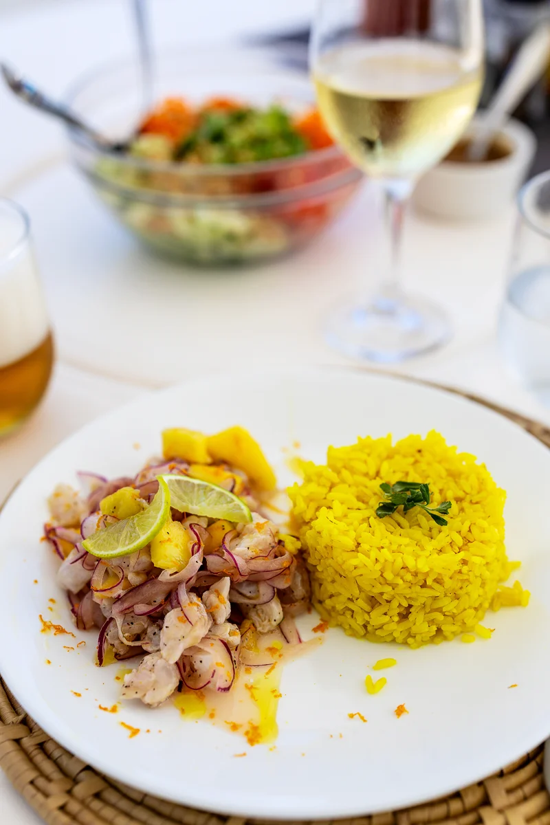Seafood ceviche with yellow rice