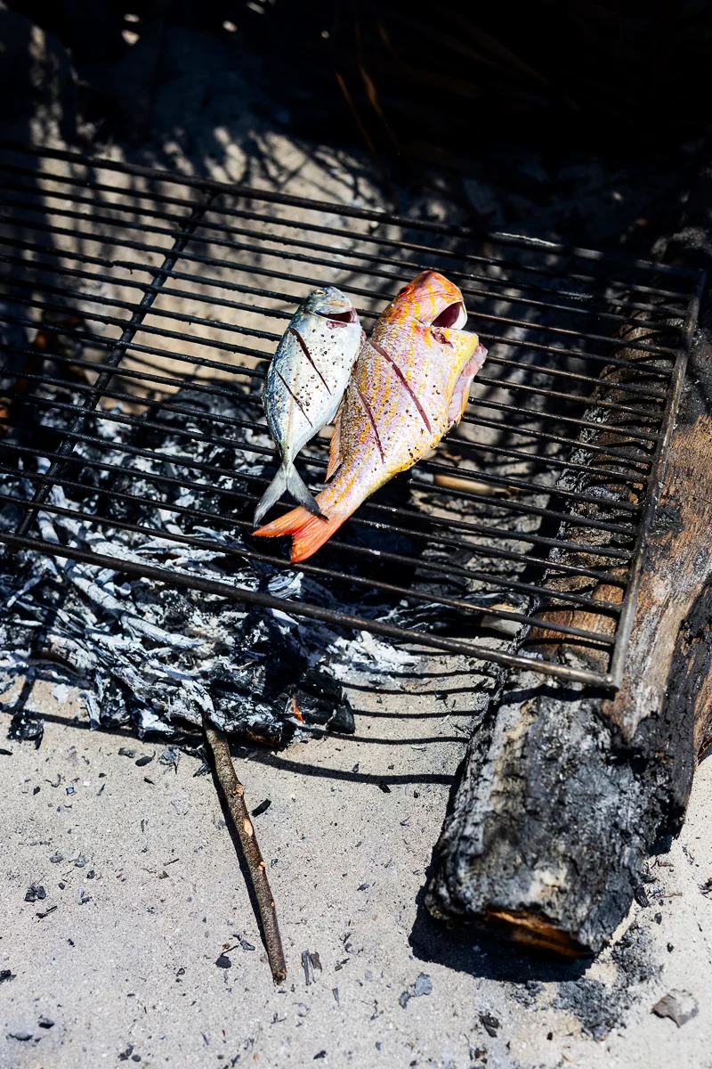 Fish grilling on a beach barbecue