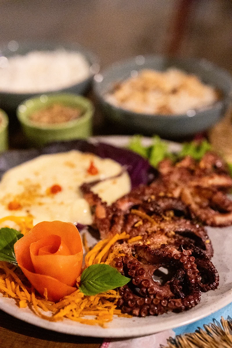 Octopus dish with colorful garnishes