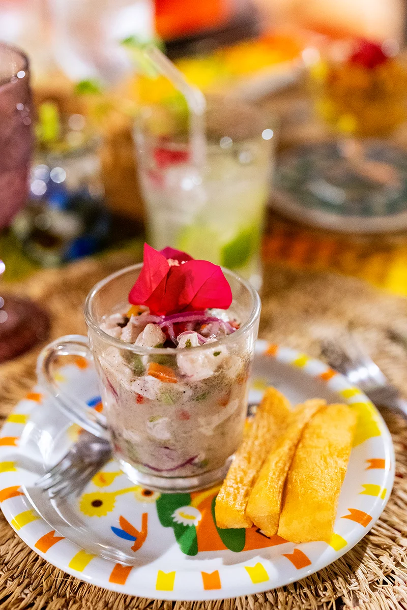 Ceviche with plantains and garnishes