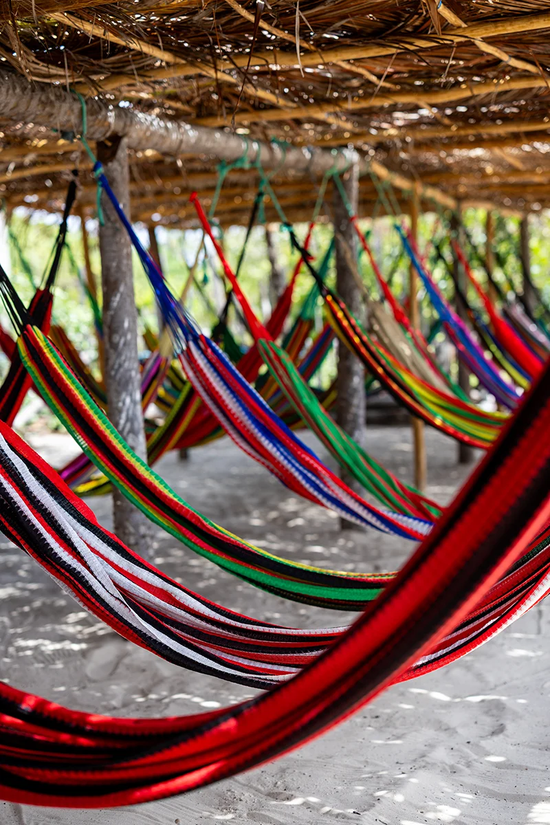 Colorful hammocks under a thatched roof