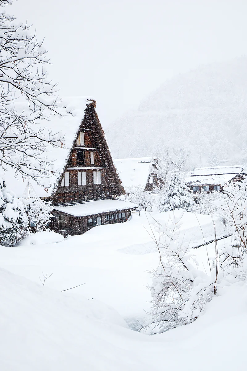 Snow-covered traditional Japanese houses in Shirakawa-go
