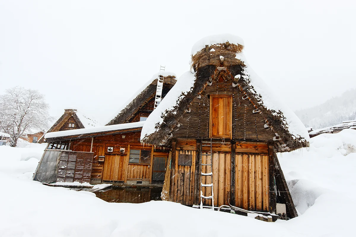Traditional thatched-roof houses in snow, Shirakawa-go Japan