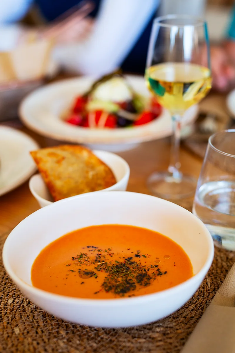 Tomato soup served at Sirocco restaurant one of the best places to eat in Milos