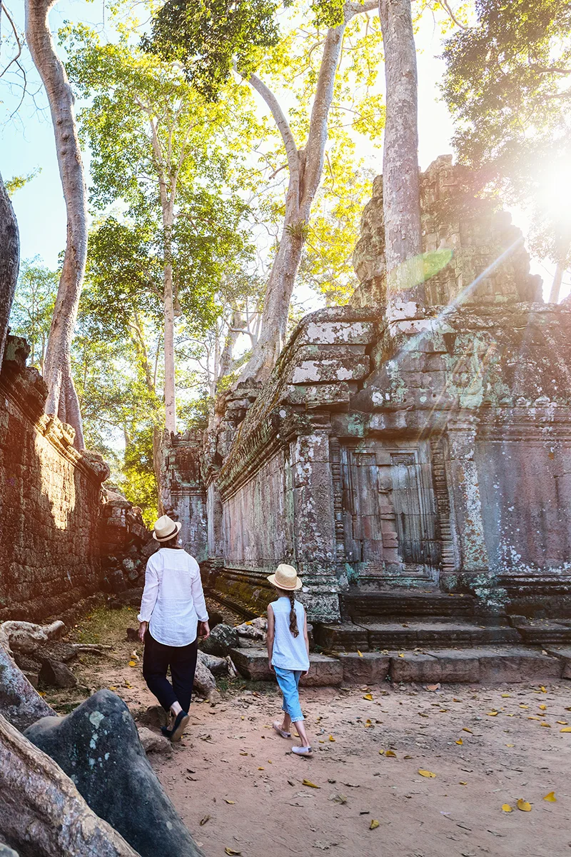 Quiet corner of iconic Ta Prohm temple in Angkor where trees creeping over ancient walls