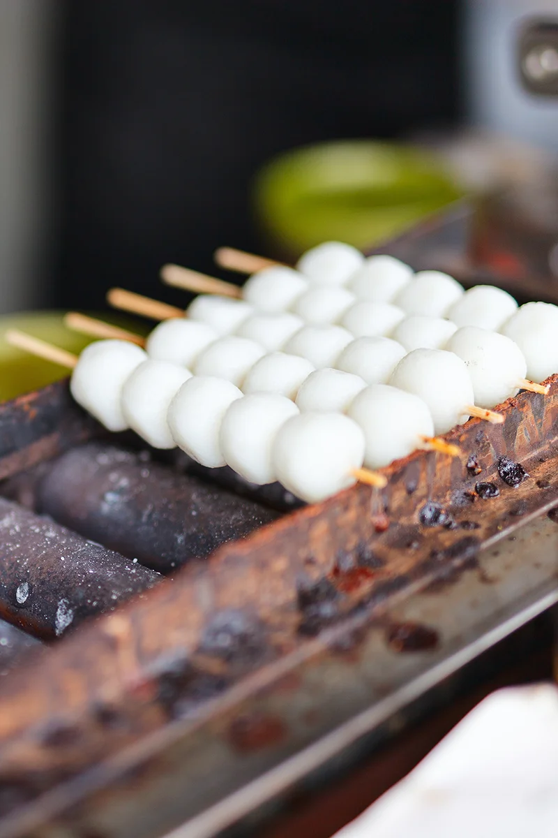 Goheimochi, a grilled rice cake on skewers