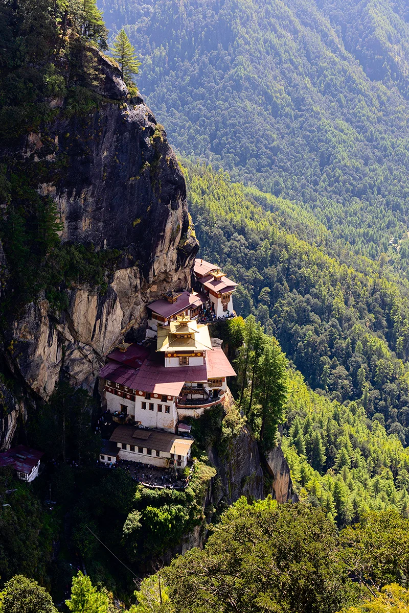 Above view of Tiger’s Nest monastery perched on steep cliff
