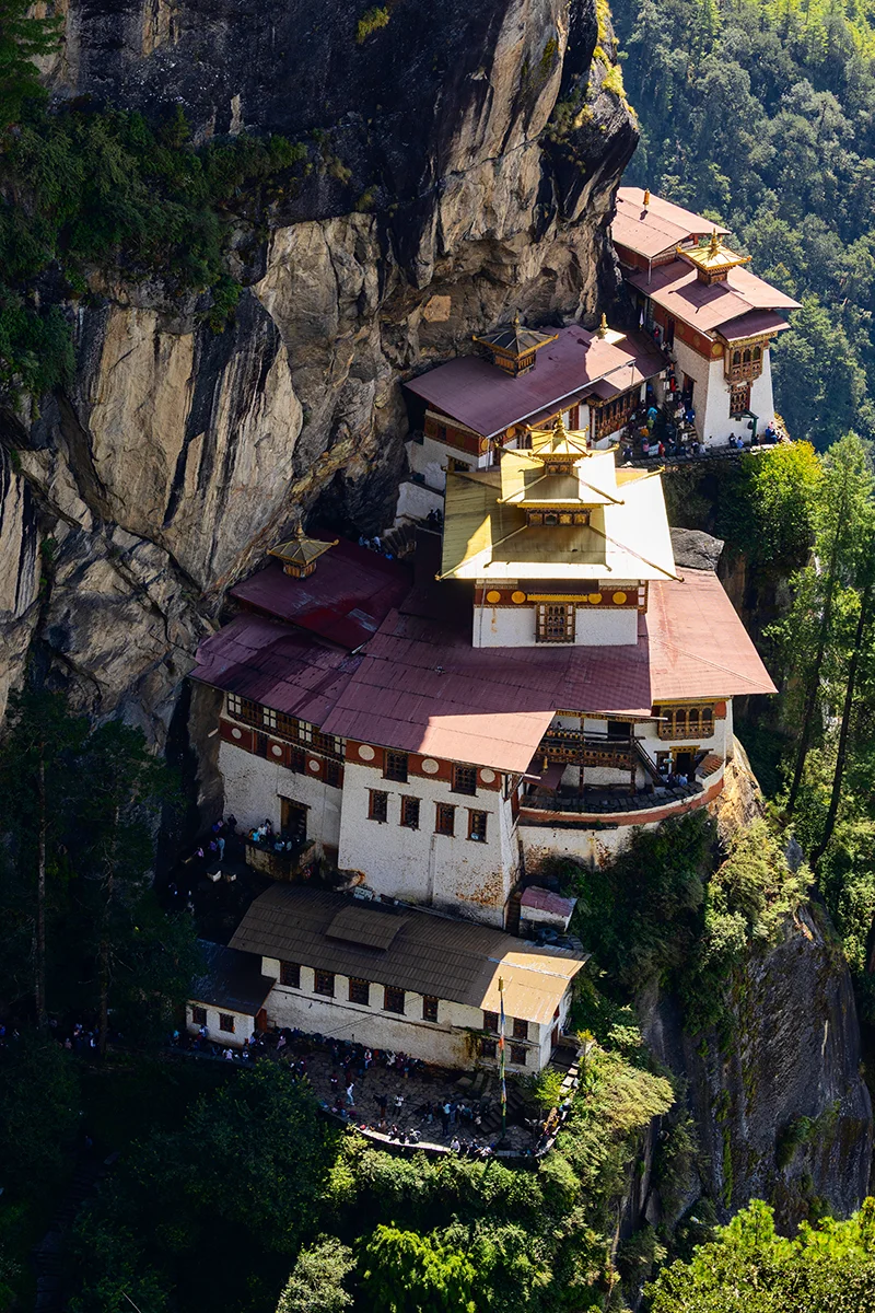 Bird's eye view of Tiger's Nest monastery perched on cliffside mountain