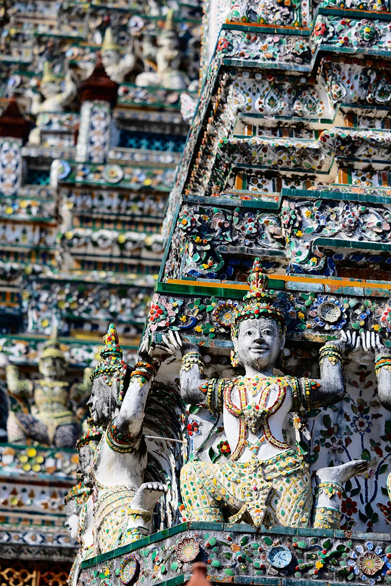 Wat Arun details of colorful porcelain and seashells